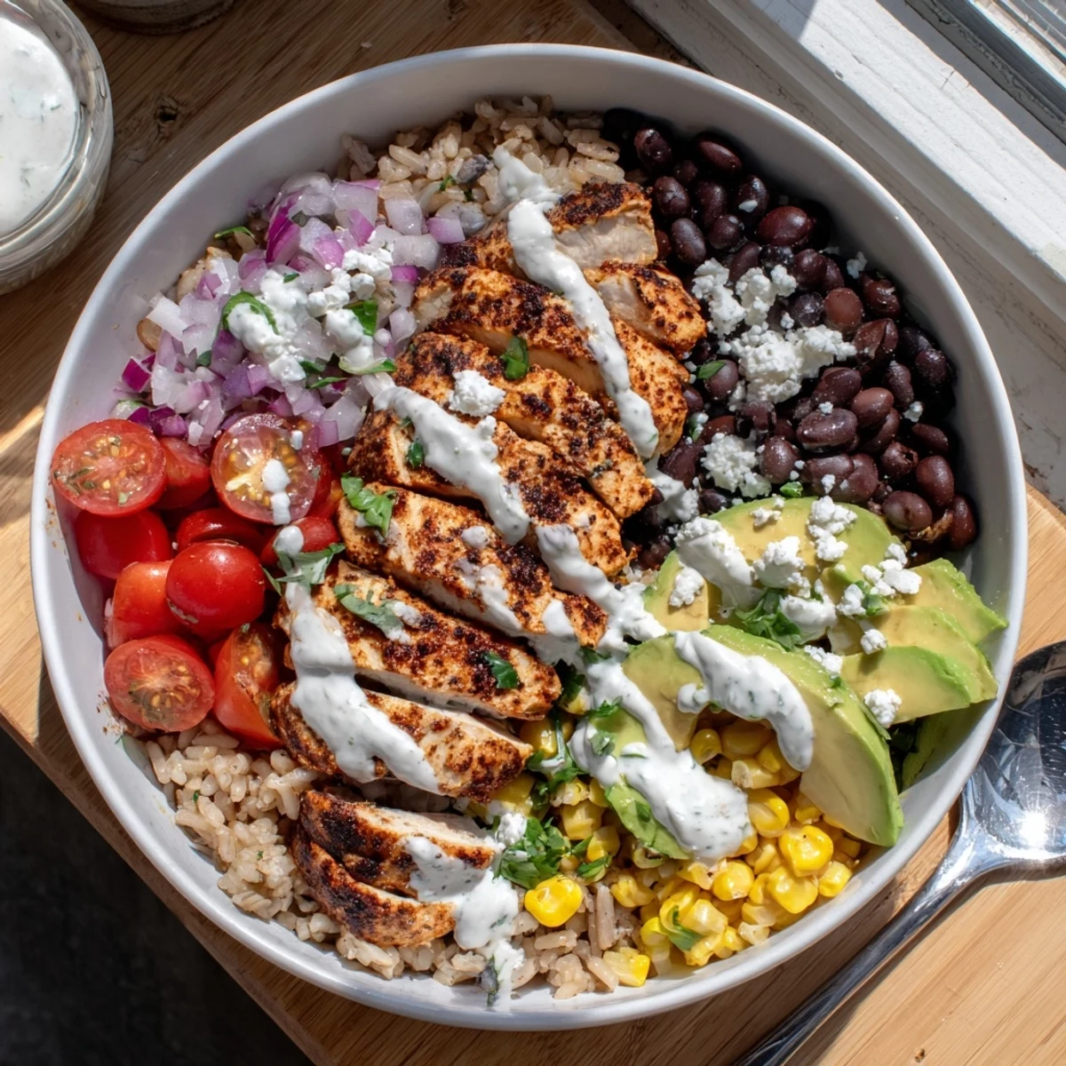 Colorful healthy street corn chicken bowl with charred corn, avocado, and creamy drizzle
