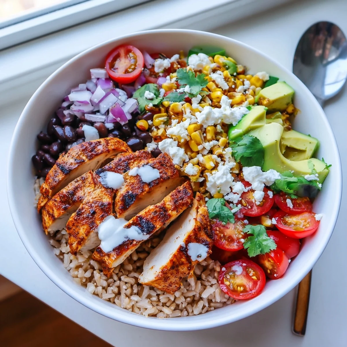 Healthy street corn chicken bowl topped with black beans, tomatoes, and cilantro