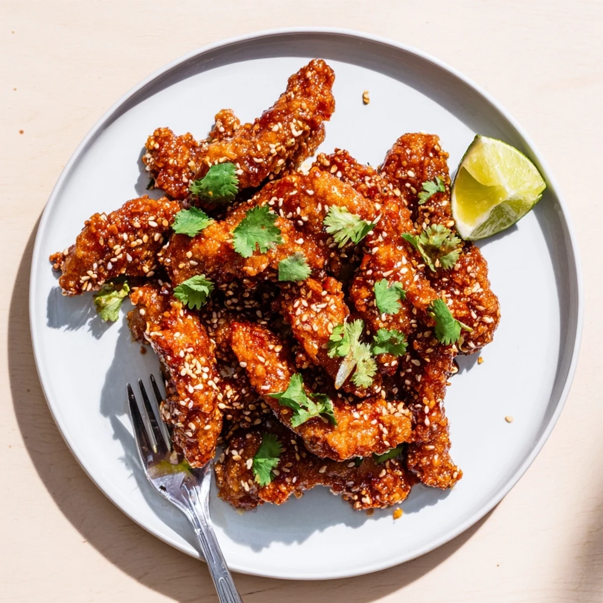 Crispy golden Thai sticky chicken fingers glazed in glossy sweet chili sauce on a platter