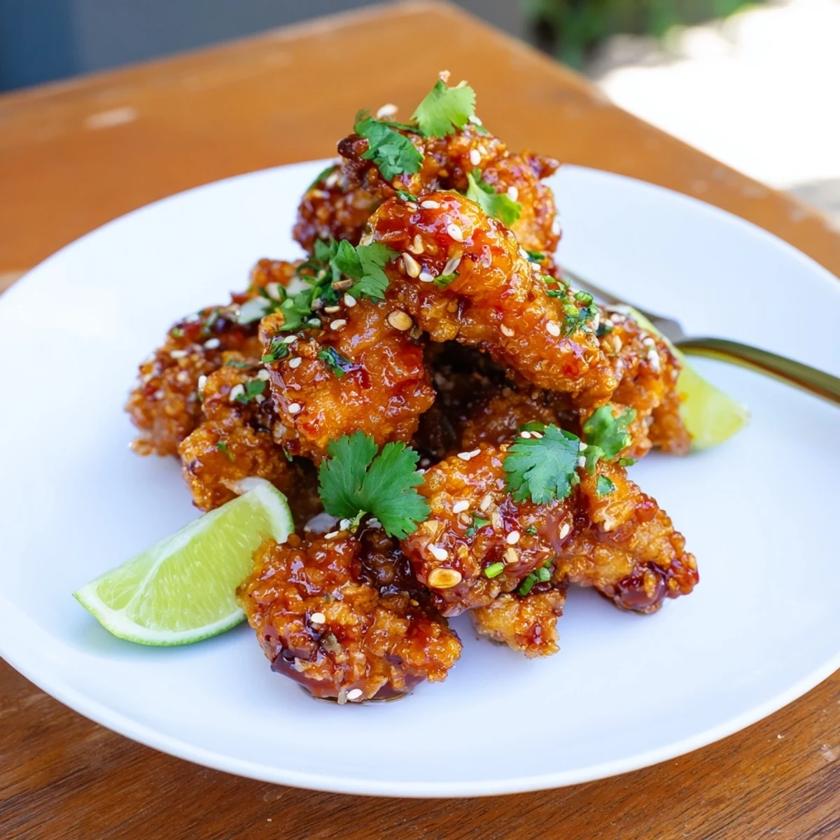Crunchy panko-crusted Thai sticky chicken fingers drizzled with tangy sauce and sprinkled with sesame seeds