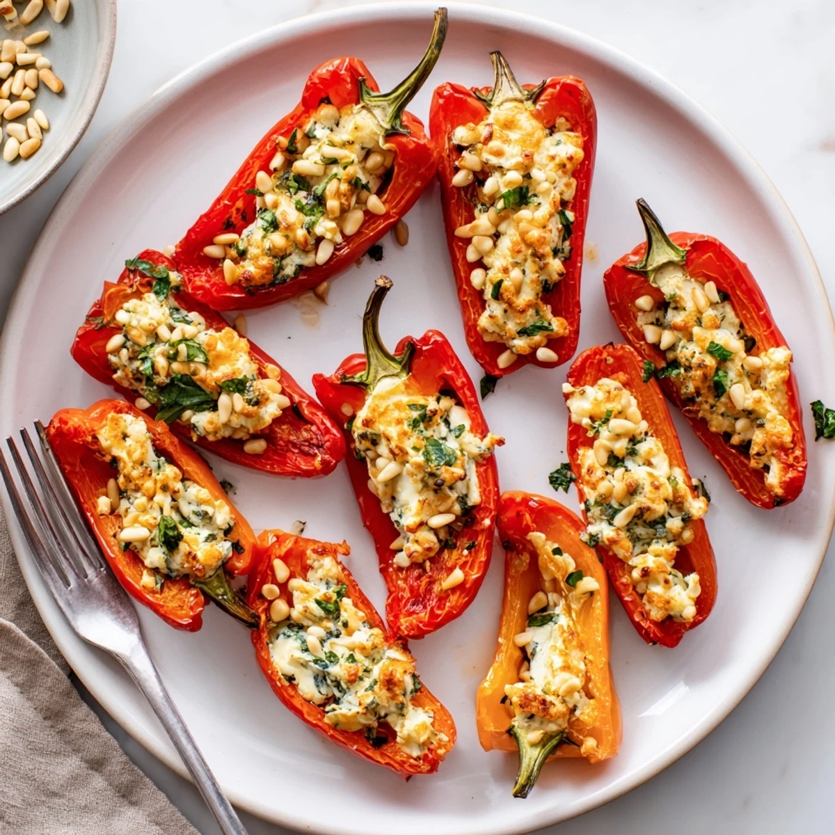 Golden roasted goat cheese stuffed mini peppers arranged on a rustic baking sheet