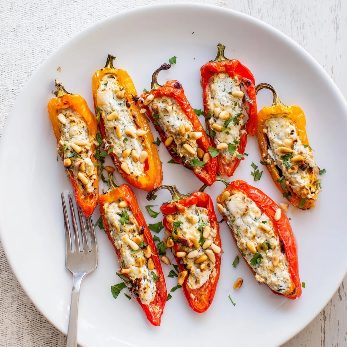 Creamy roasted goat cheese stuffed mini peppers served warm on a white platter