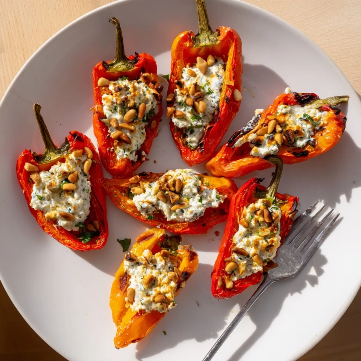Roasted goat cheese stuffed mini peppers topped with toasted pine nuts and herbs