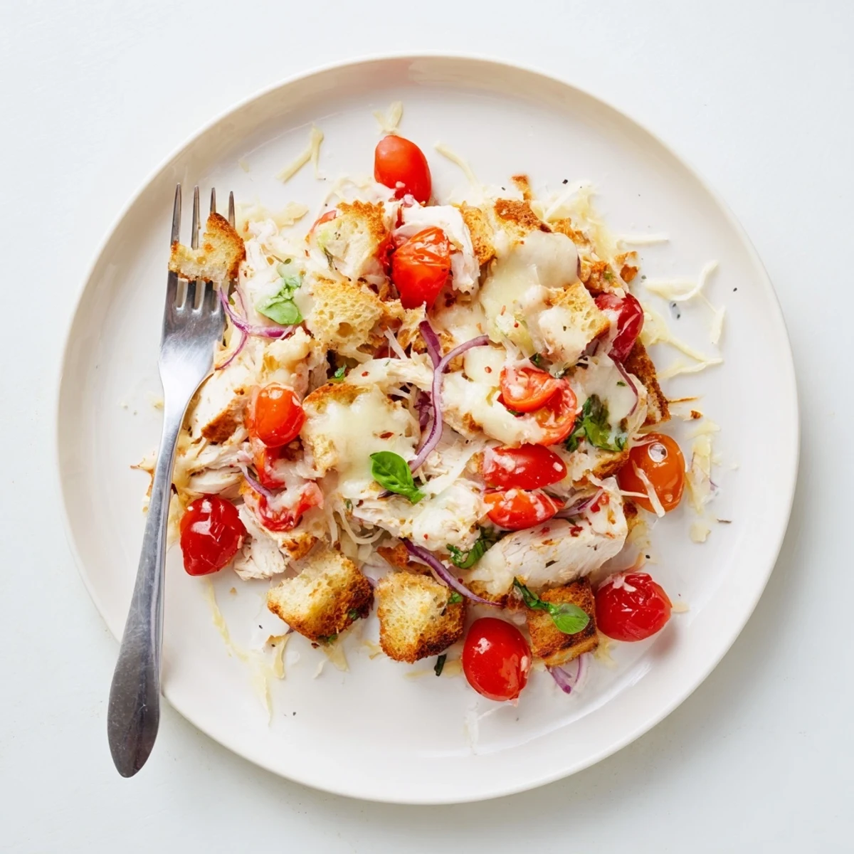 Tender chicken bruschetta casserole topped with juicy tomatoes basil and crispy bread