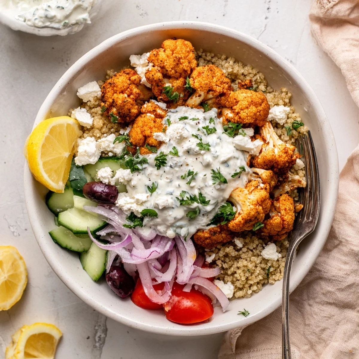 Golden roasted Greek Cauliflower Bowl topped with crumbled feta, olives, and creamy tzatziki sauce.