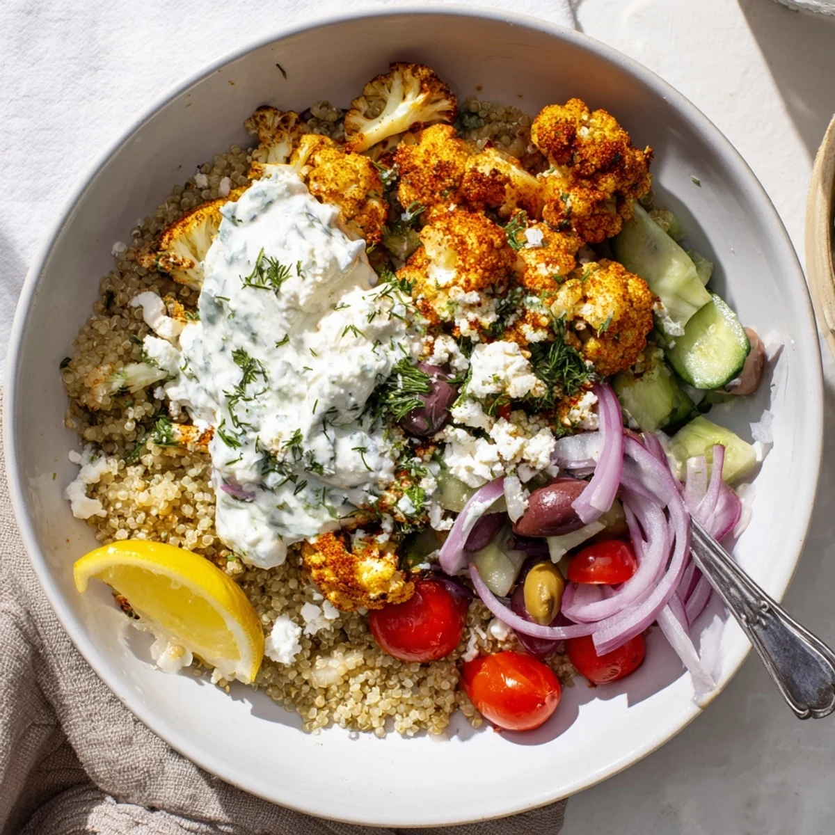 Colorful Greek Cauliflower Bowl with spiced cauliflower, fresh cucumber, tomatoes, and a cool tzatziki drizzle.