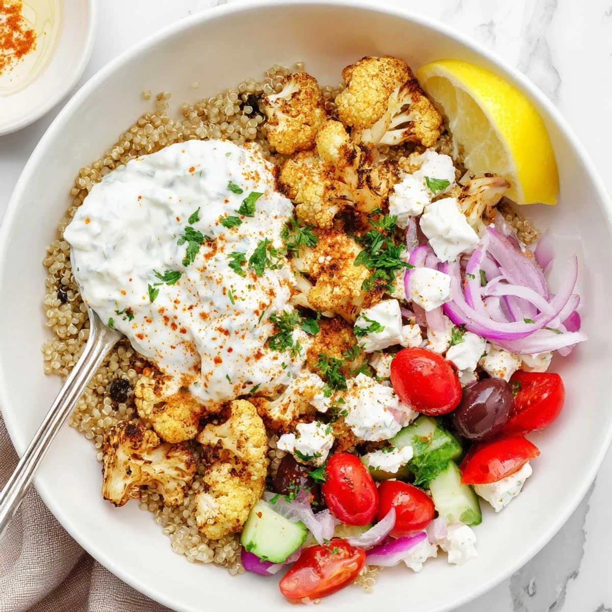 Warm Greek Cauliflower Bowl served over quinoa with tangy feta, bright herbs, and lemon wedges.