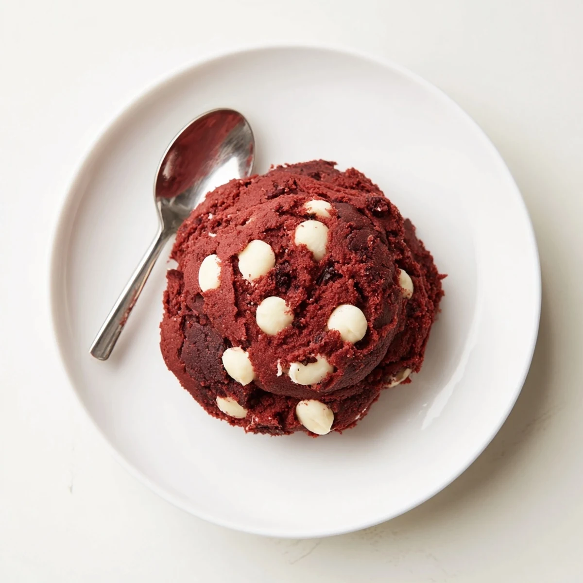 Creamy edible red velvet cookie dough studded with white chocolate chips in a bowl