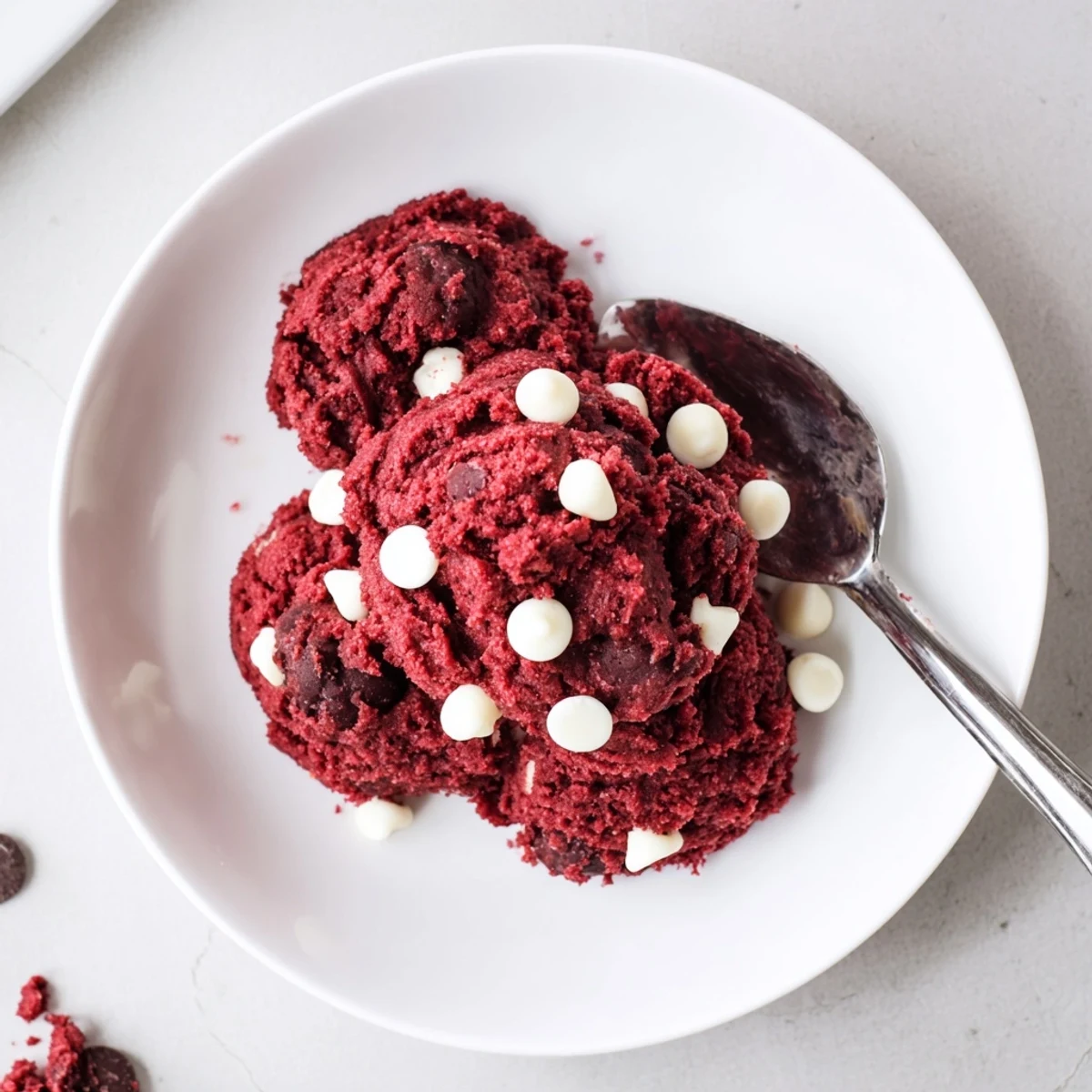 Smooth vibrant red edible red velvet cookie dough scooped and ready to enjoy