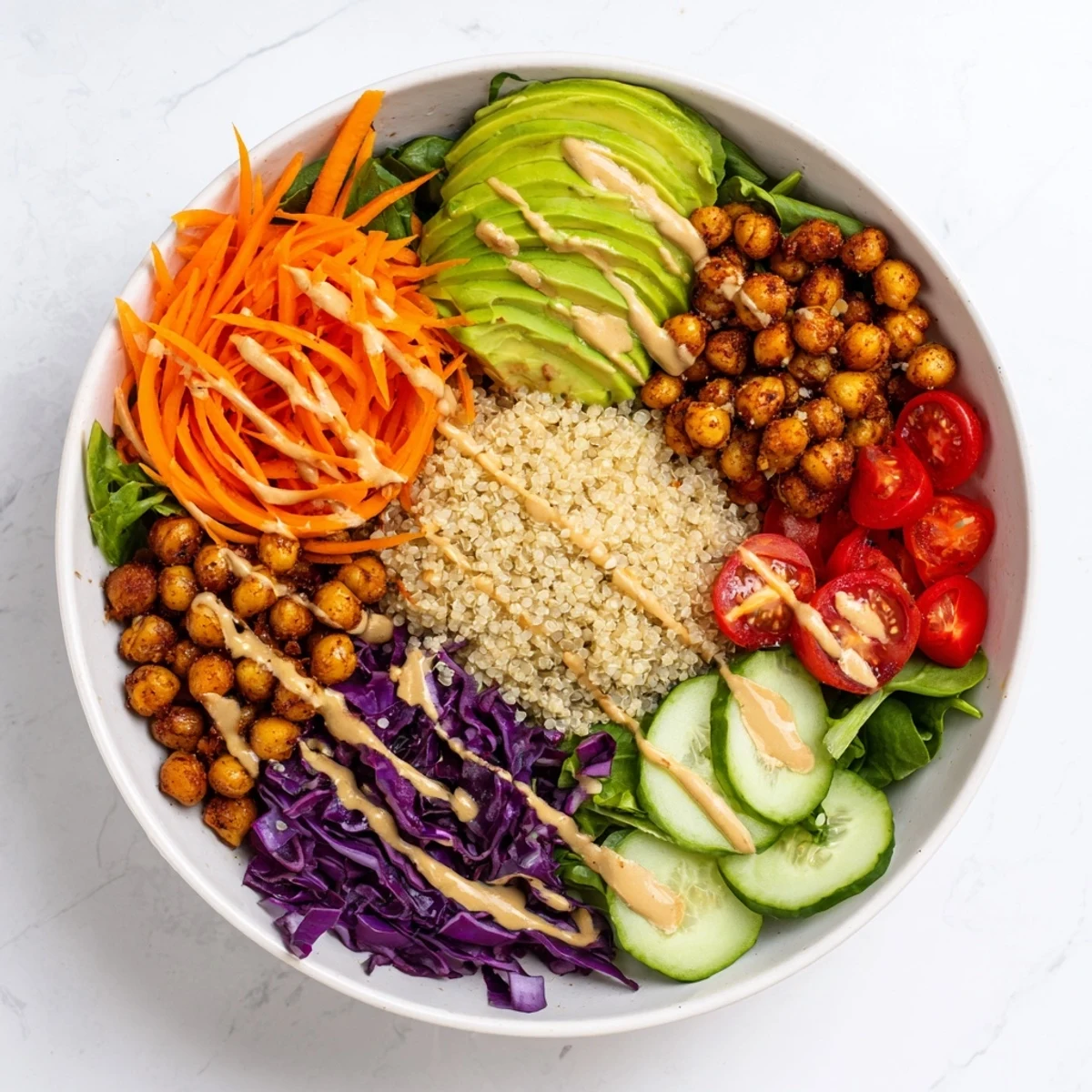Colorful Buddha Bowl with crispy chickpeas, fresh avocado, and rainbow vegetables drizzled with creamy tahini dressing