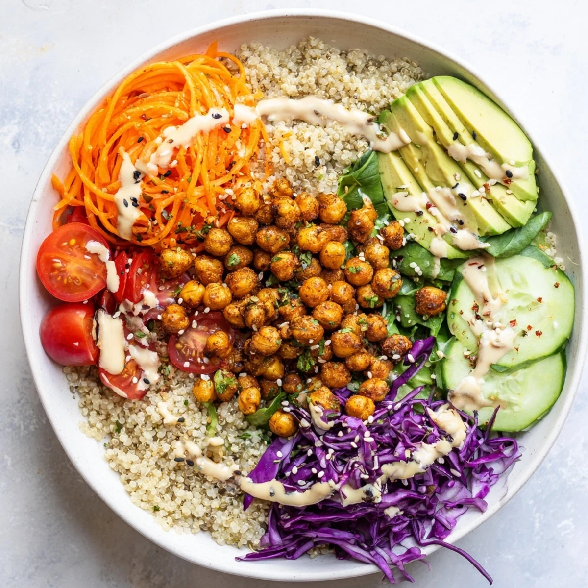 Vibrant Buddha Bowl featuring fluffy quinoa, roasted spiced chickpeas, and seasonal vegetables in a rustic ceramic dish