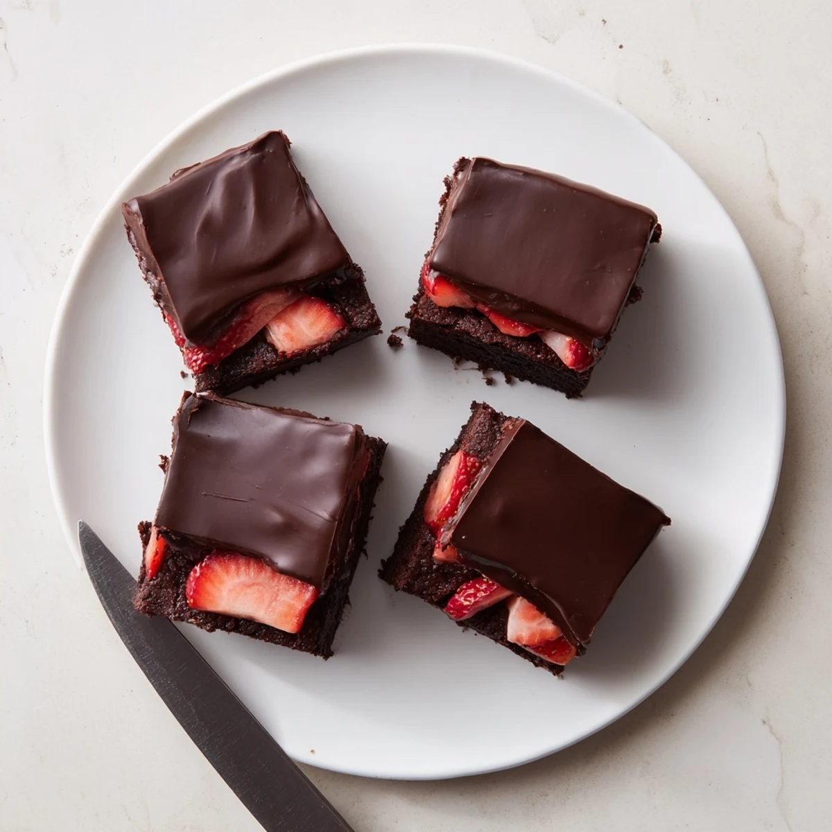 Rich chocolate covered strawberry brownies with a glossy shell and fresh berry slices on fudgy squares