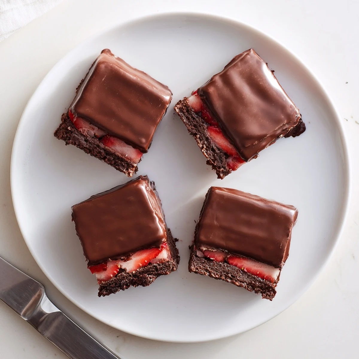 Dark chocolate covered strawberry brownies topped with a smooth, shiny coating over ripe red strawberries