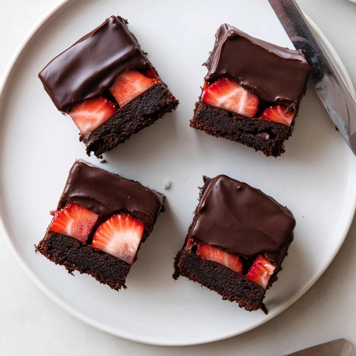 Decadent chocolate covered strawberry brownies cut into neat squares revealing a juicy strawberry layer underneath