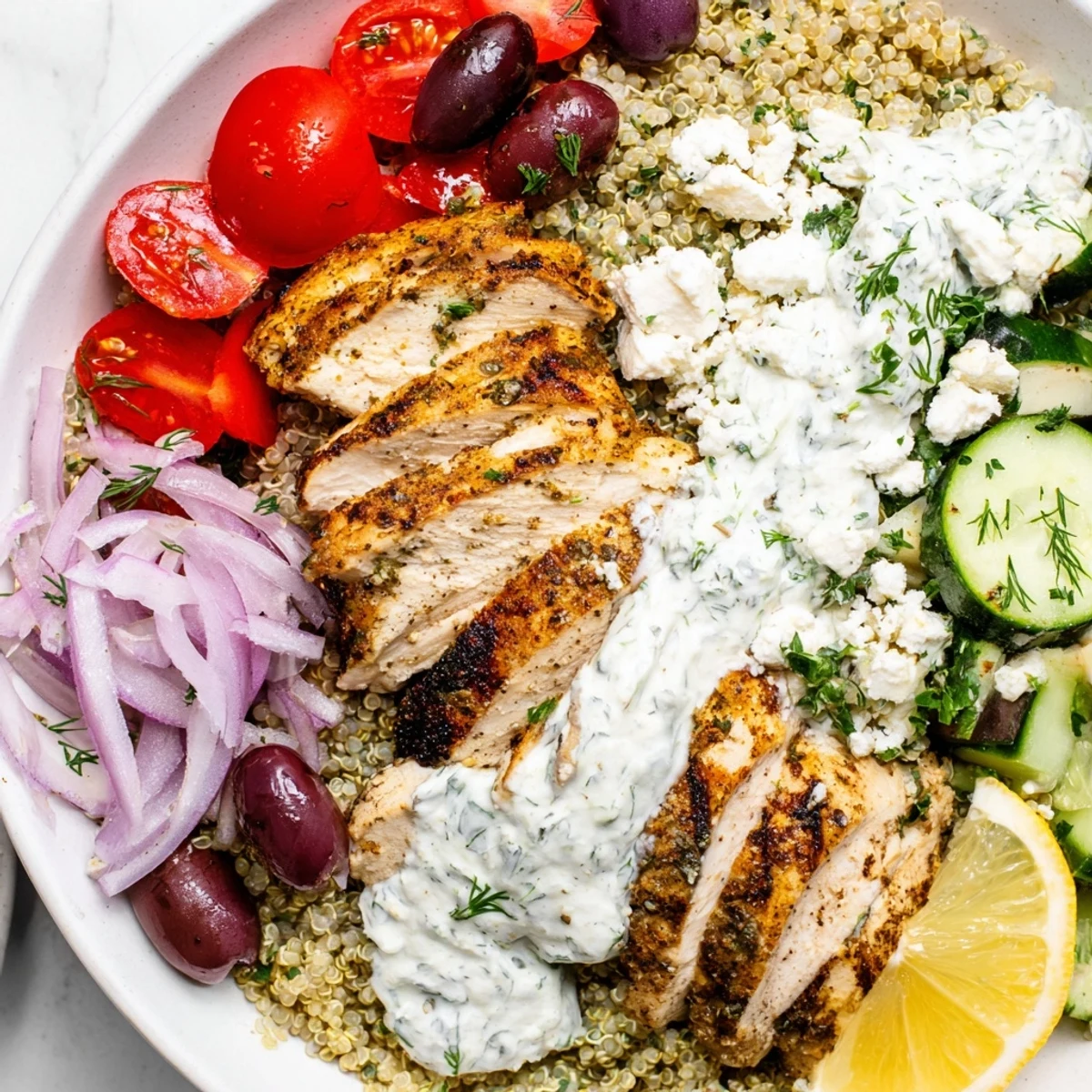 Golden seared chicken rests atop a vibrant Greek Chicken Grain Bowl with feta and olives