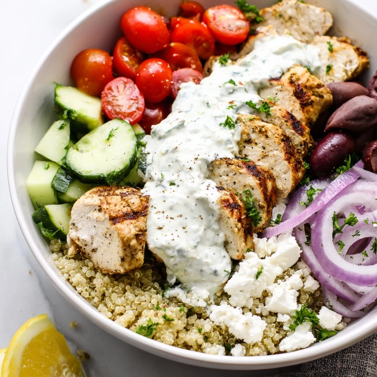 Colorful Greek Chicken Grain Bowl topped with juicy sliced chicken, fresh veggies, and creamy tzatziki sauce