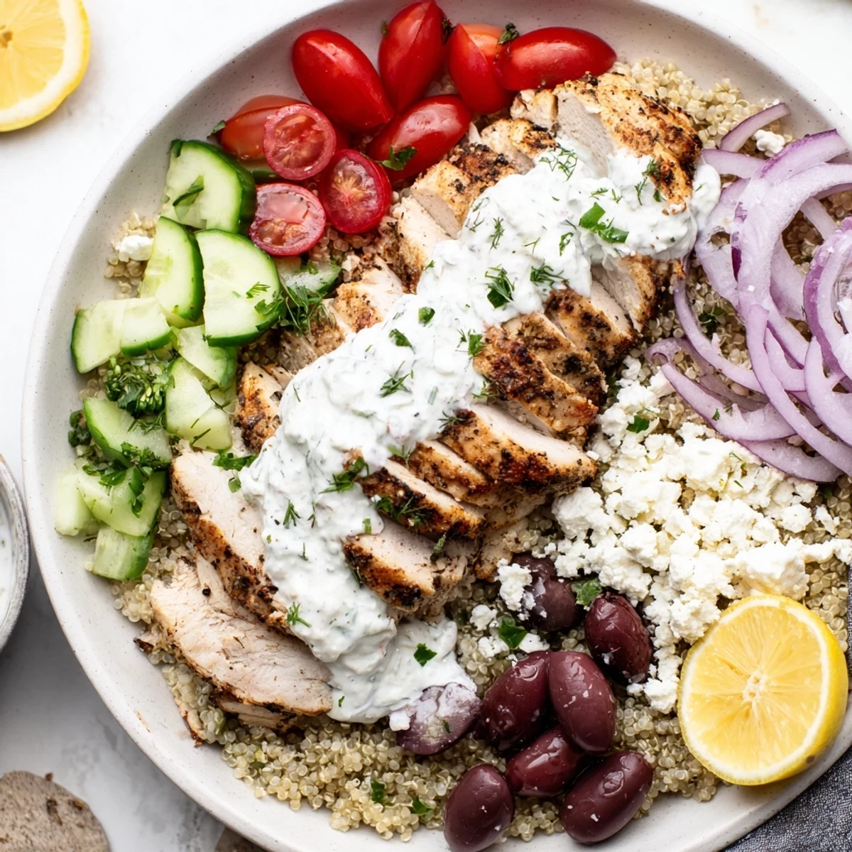 Hearty Greek Chicken Grain Bowl brimming with crisp cucumber, ripe tomatoes, and herbed tzatziki drizzle