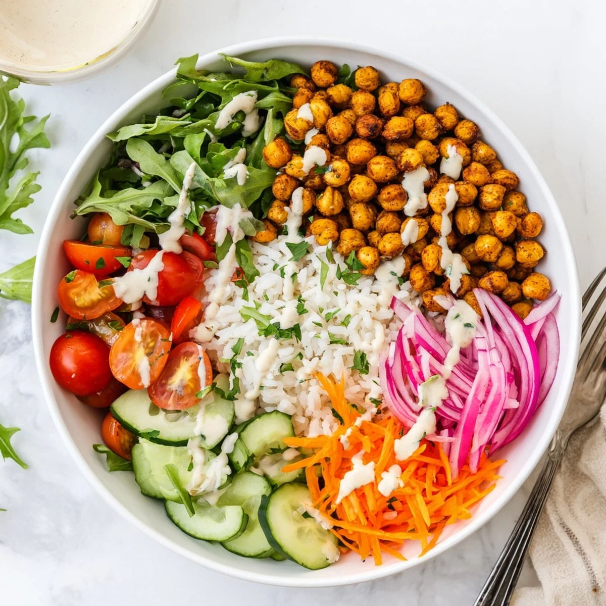 Golden roasted chickpea shawarma bowl drizzled with creamy tahini over crisp greens and grains