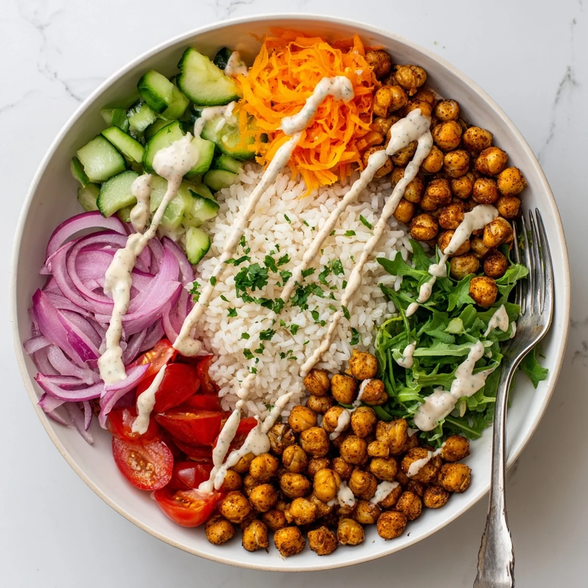 Vibrant chickpea shawarma bowl topped with fresh vegetables, tangy sauce, and fragrant herbs