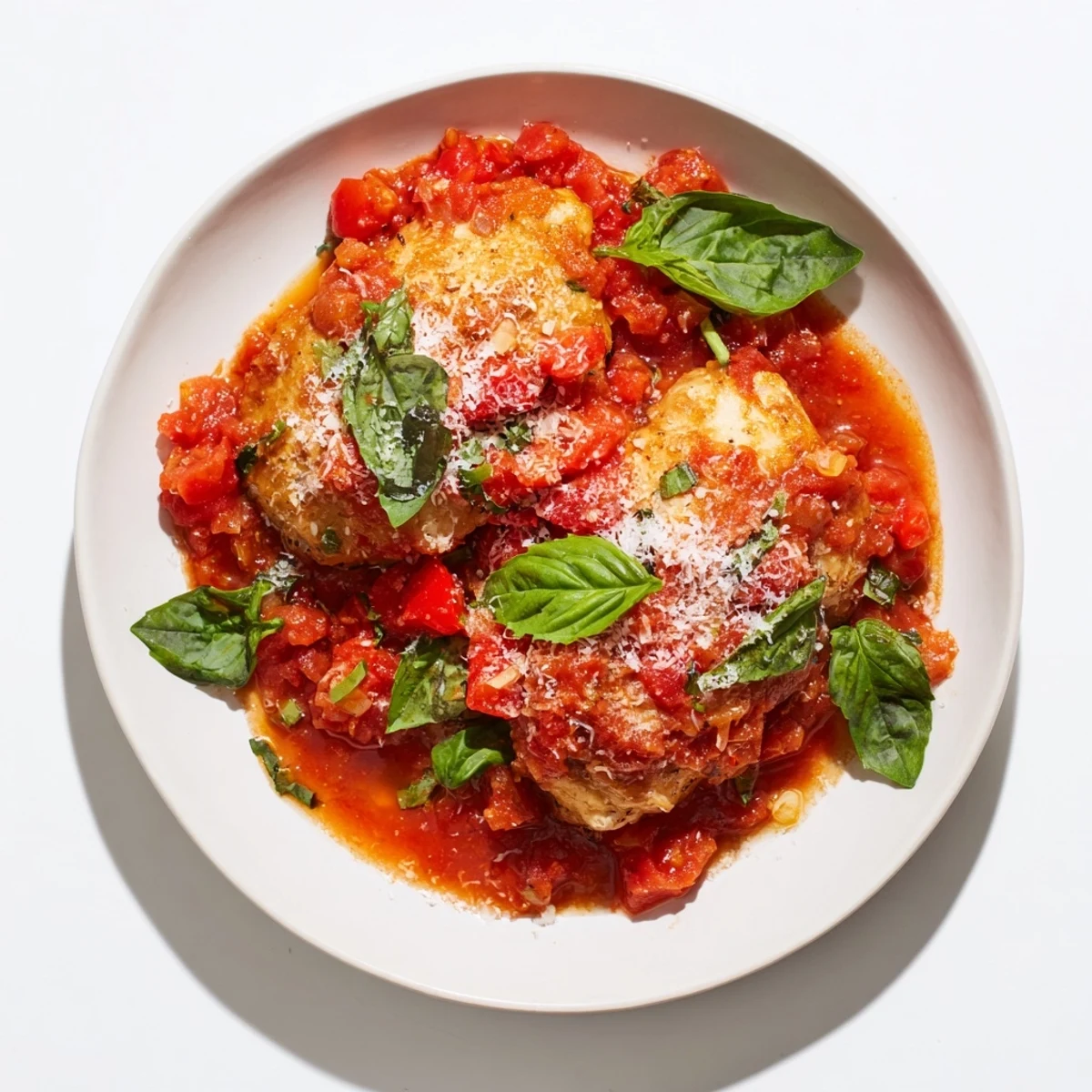 Golden seared Chicken Pomodoro Delight simmering in rich tomato basil sauce with melted Parmesan