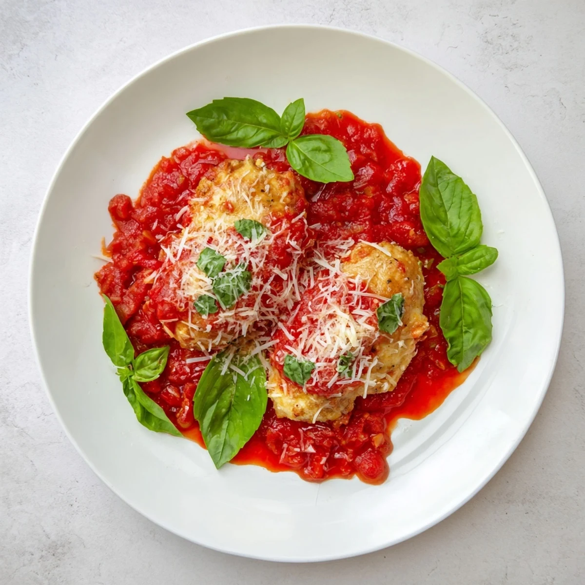 Tender Chicken Pomodoro Delight plated atop vibrant red pomodoro sauce garnished with fresh basil leaves