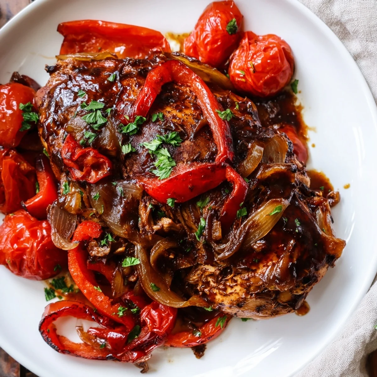 Juicy slow cooker balsamic chicken glazed in a dark, tangy sauce with tender bell peppers and cherry tomatoes