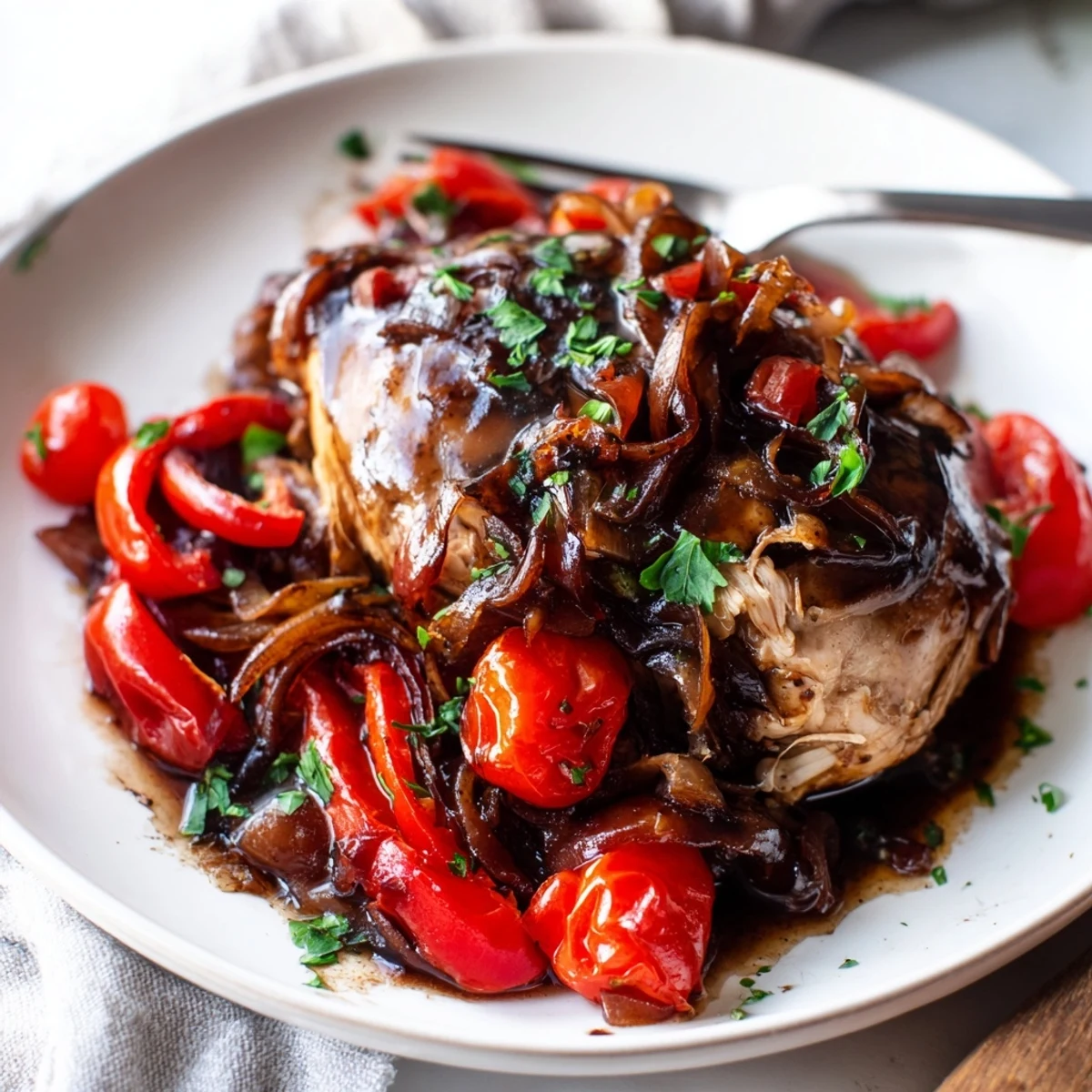 Slow cooker balsamic chicken served steaming over fluffy rice with glistening caramelized onions and fresh parsley