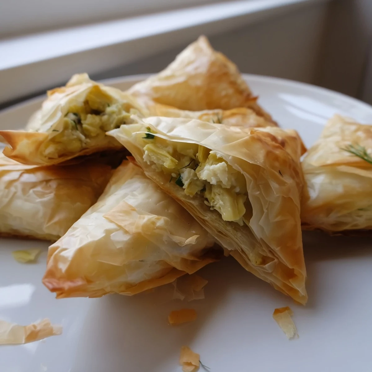 Golden artichoke and Graviera filo puffs with crisp, flaky layers fresh from the oven.