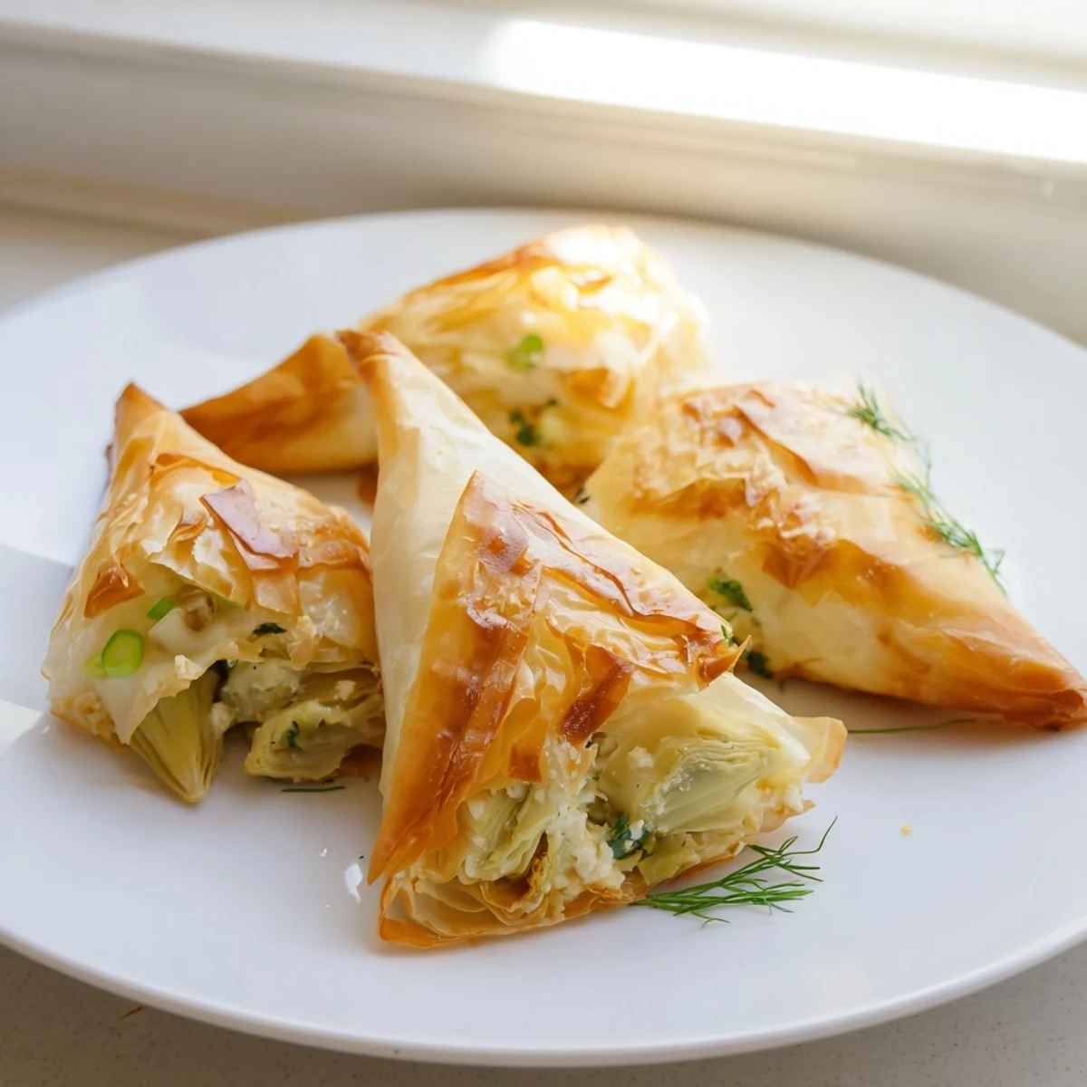 Artichoke and Graviera filo puffs arranged on a platter, their buttery triangles steaming warmly.