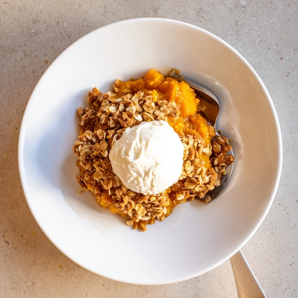 Warm pumpkin pie crisp served in a rustic baking dish with whipped cream