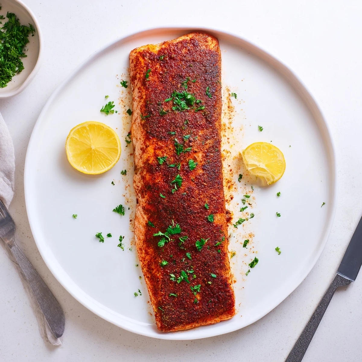 Golden oven baked Cajun salmon fillets garnished with fresh parsley and lemon wedges on a sheet pan
