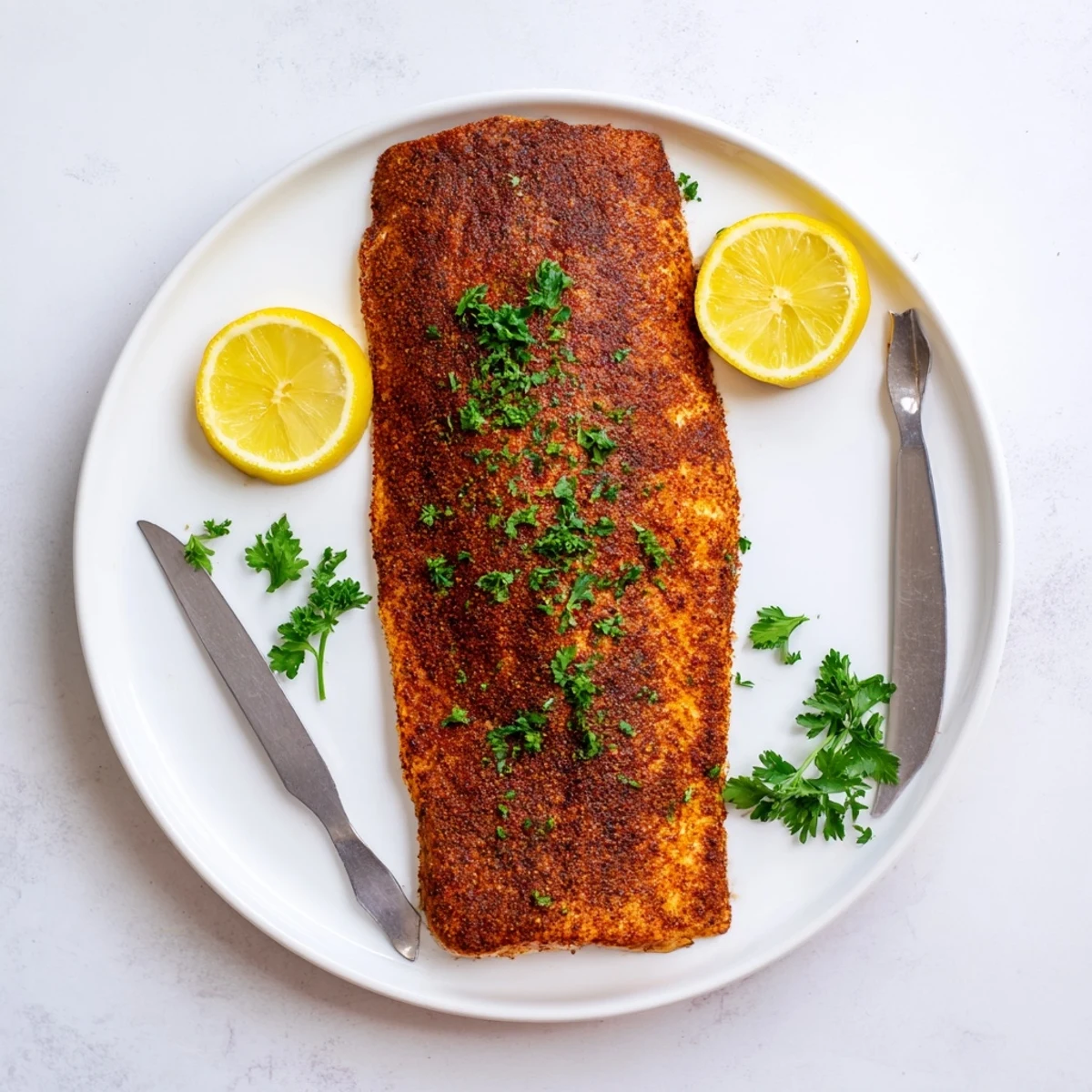 Spicy oven baked Cajun salmon with a crispy pepper crust served on a white dinner plate