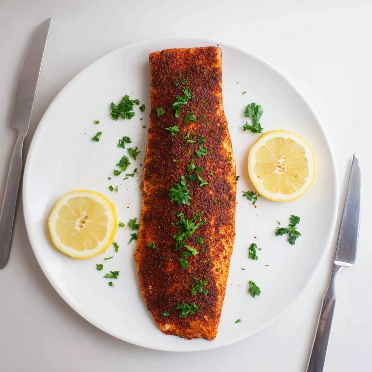 Juicy oven baked Cajun salmon flaked with a fork alongside roasted vegetables and bright lemon wedges