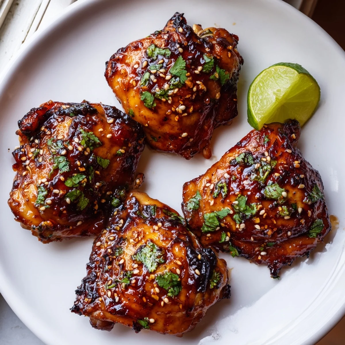 Crispy sweet chili air fryer chicken thighs garnished with sesame seeds and fresh cilantro