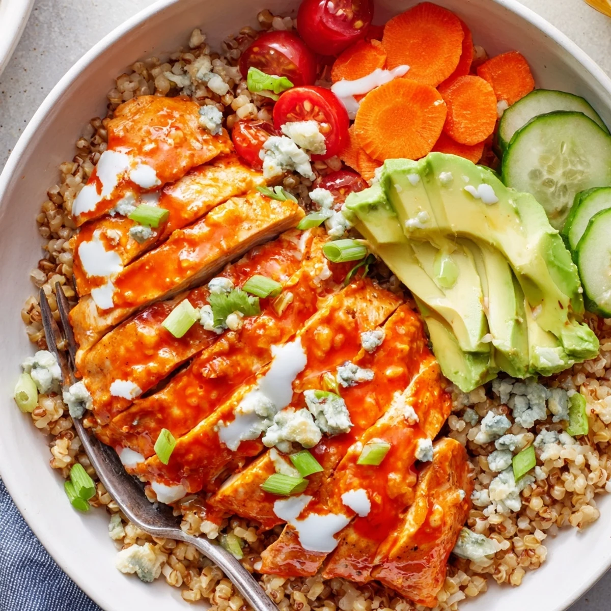 Spicy buffalo chicken grain bowl loaded with crisp veggies and creamy ranch drizzle