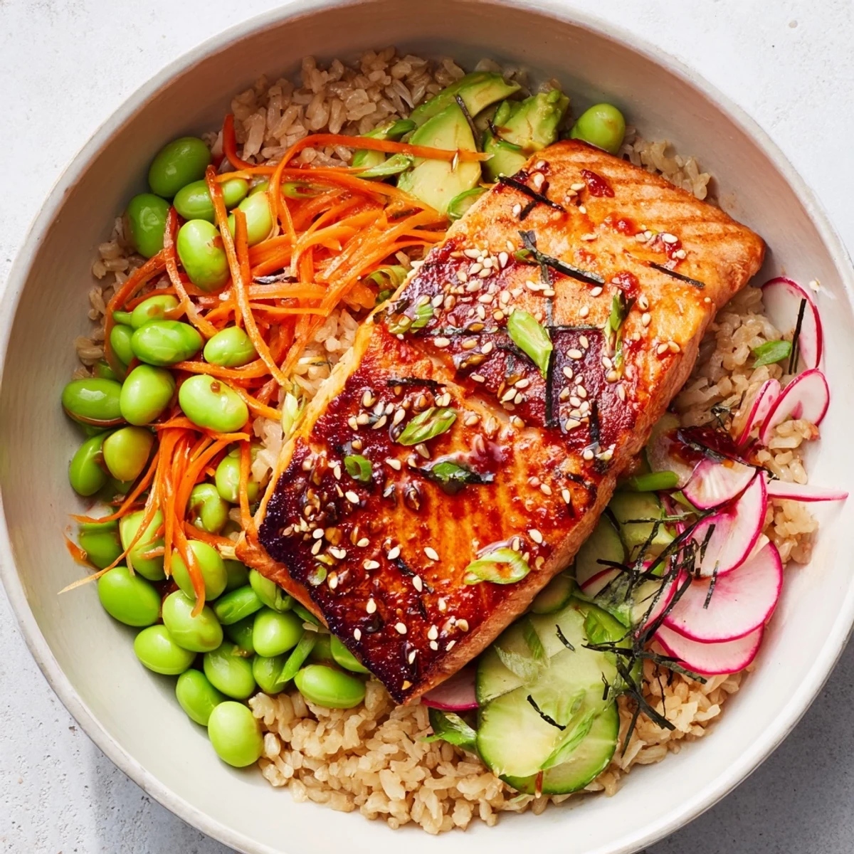 Caramelized miso salmon grain bowl topped with avocado, radishes, and sesame seeds