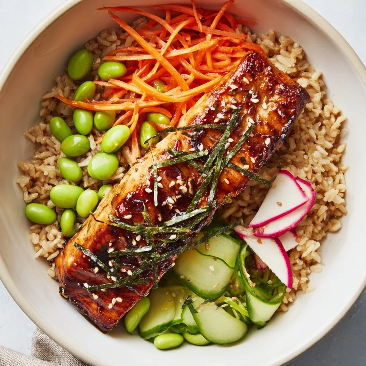 Flaky miso salmon served atop hearty grains with vibrant edamame and cucumber