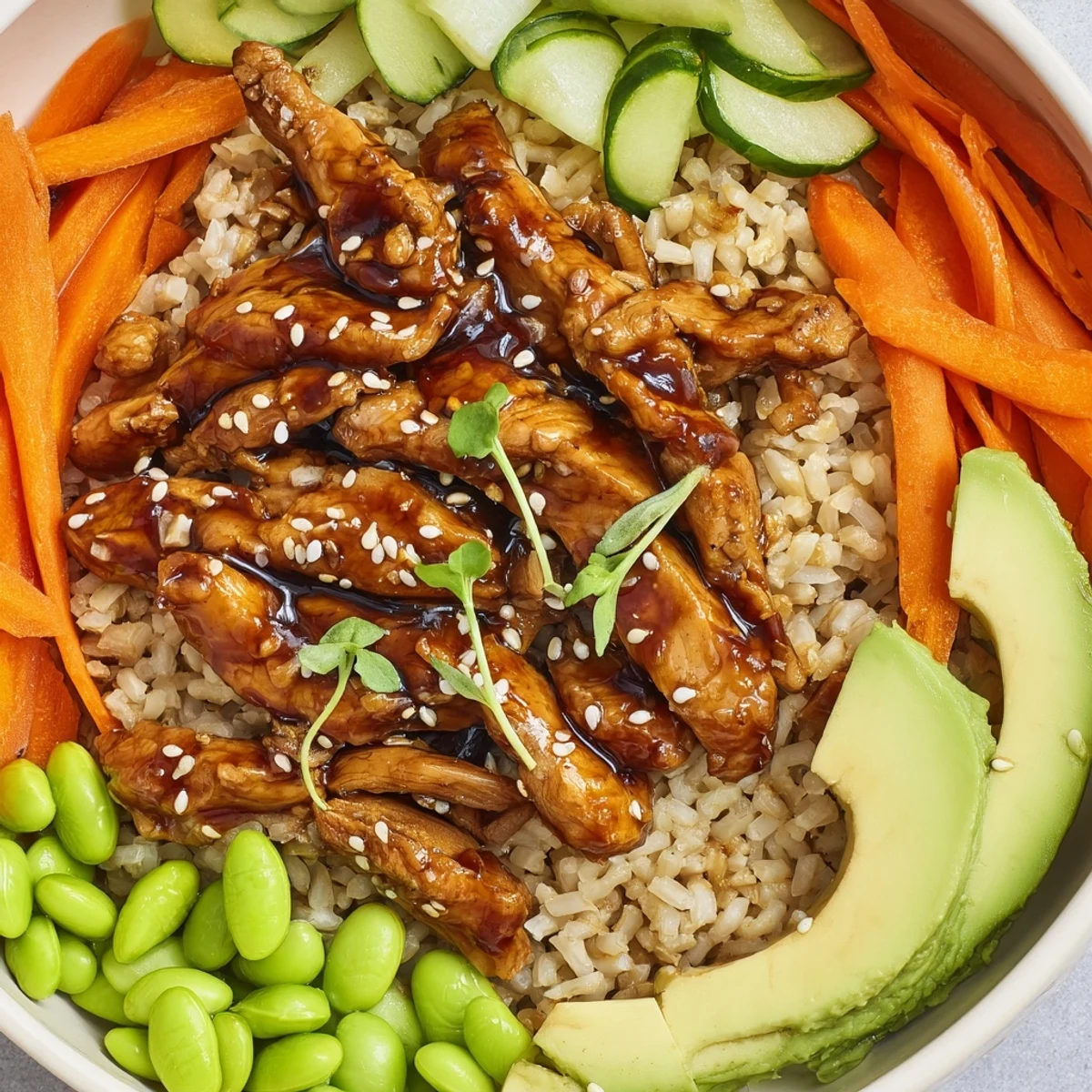 Glossy teriyaki chicken grain bowl topped with colorful vegetables and sesame seeds