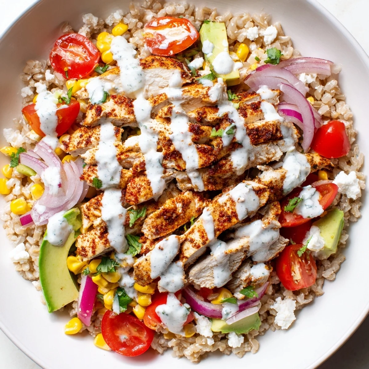 Warm Mexican chicken grain bowl topped with colorful vegetables and creamy lime crema drizzle