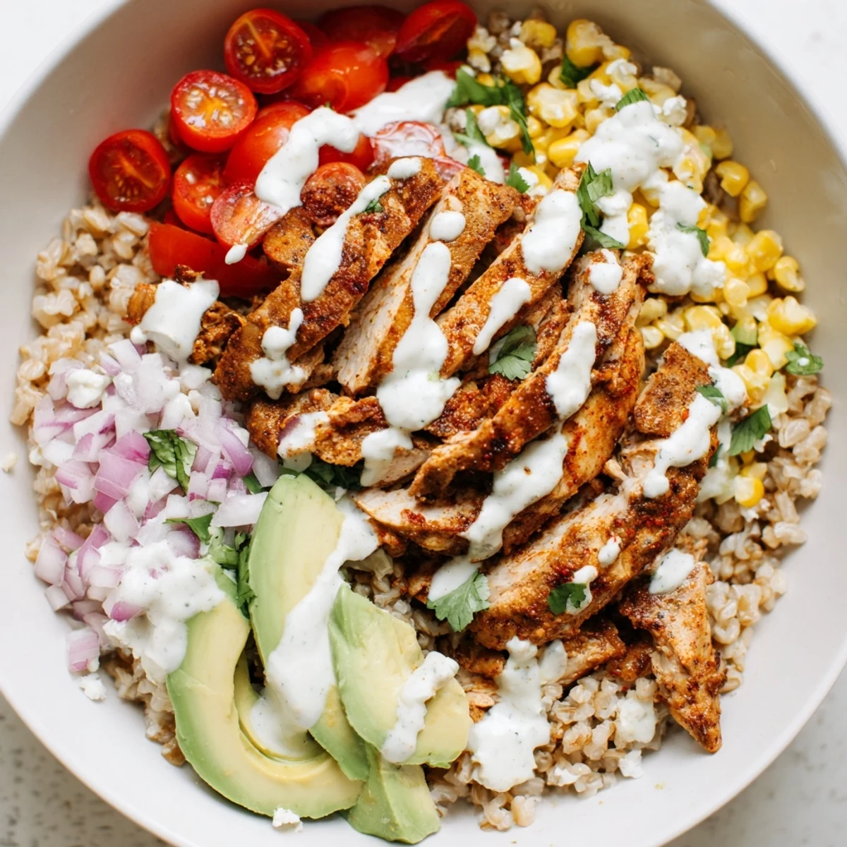 Vibrant Mexican chicken grain bowl featuring charred corn bright tomatoes and fresh cilantro garnish