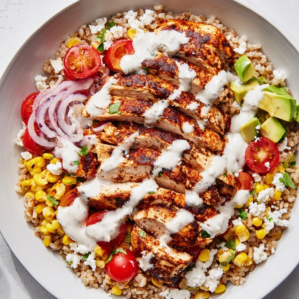 Spiced chicken strips nestled over fluffy rice with black beans avocado and crumbled cotija cheese