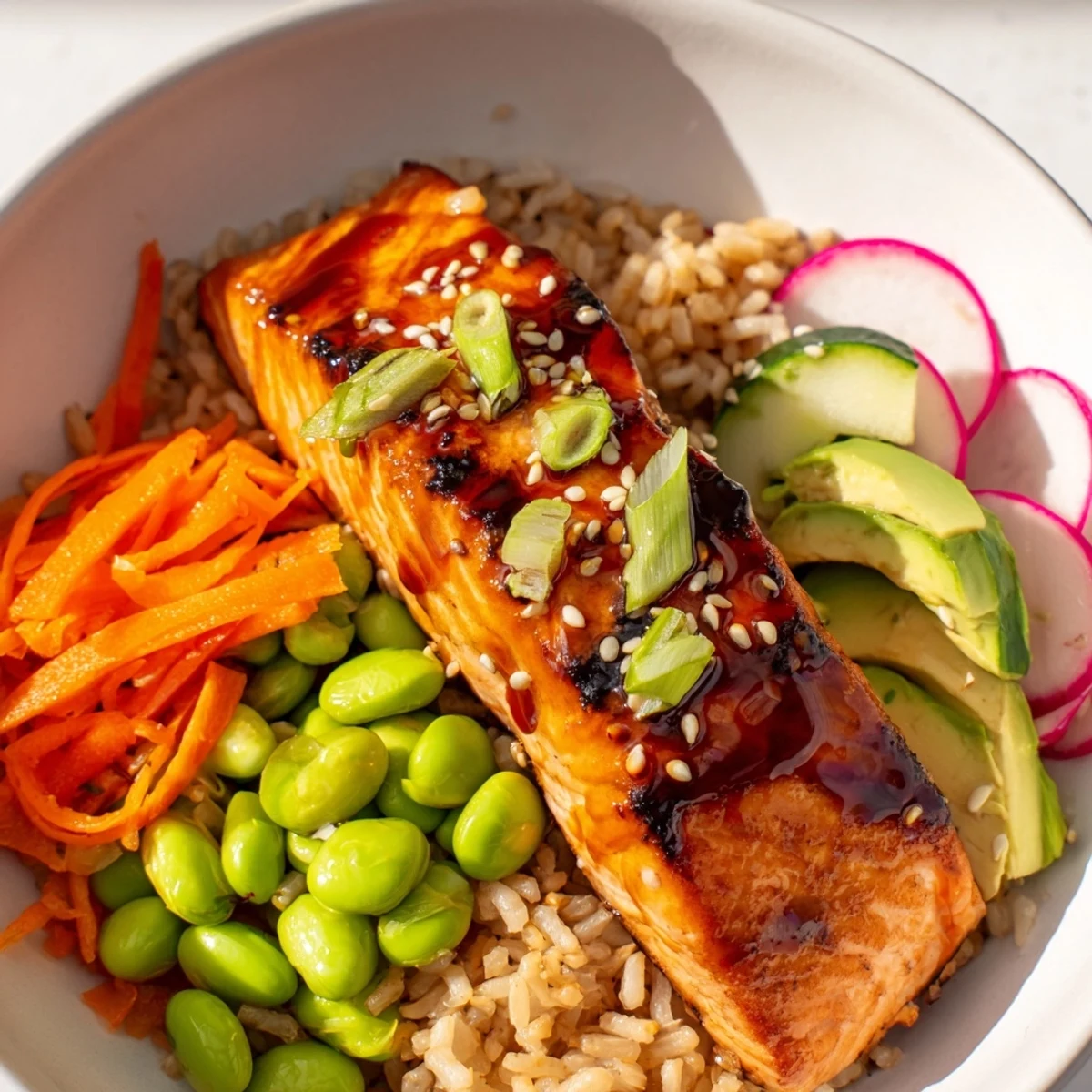 Glazed Asian salmon grain bowl with crisp vegetables and sesame drizzle on brown rice