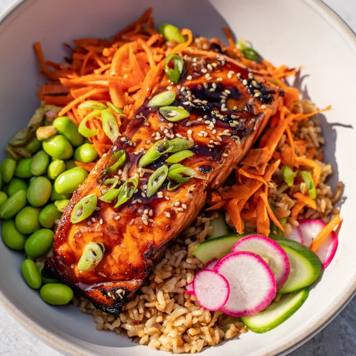 Tender caramelized Asian salmon grain bowl topped with avocado, edamame, and fresh herbs