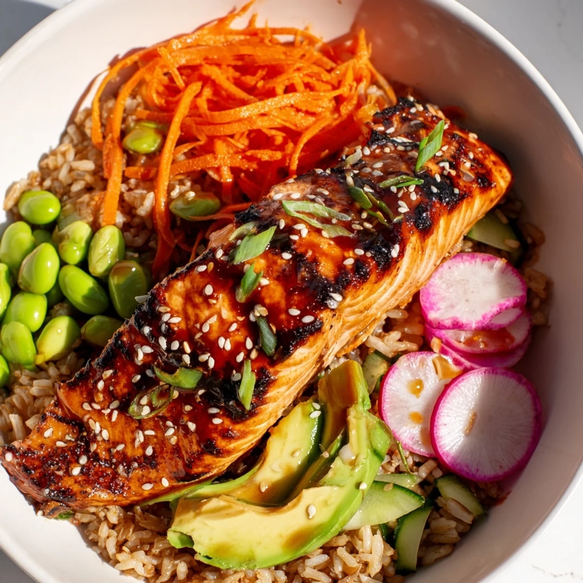 Colorful Asian salmon grain bowl featuring flaky fish, shredded carrots, and fluffy quinoa