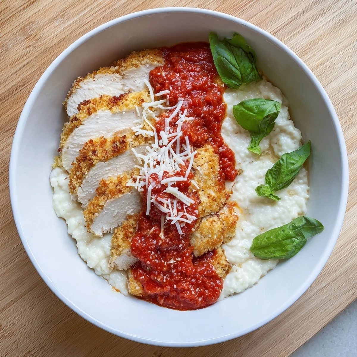 Golden baked chicken parmesan layered over creamy cottage cheese in a bowl with melted mozzarella and fresh basil garnish