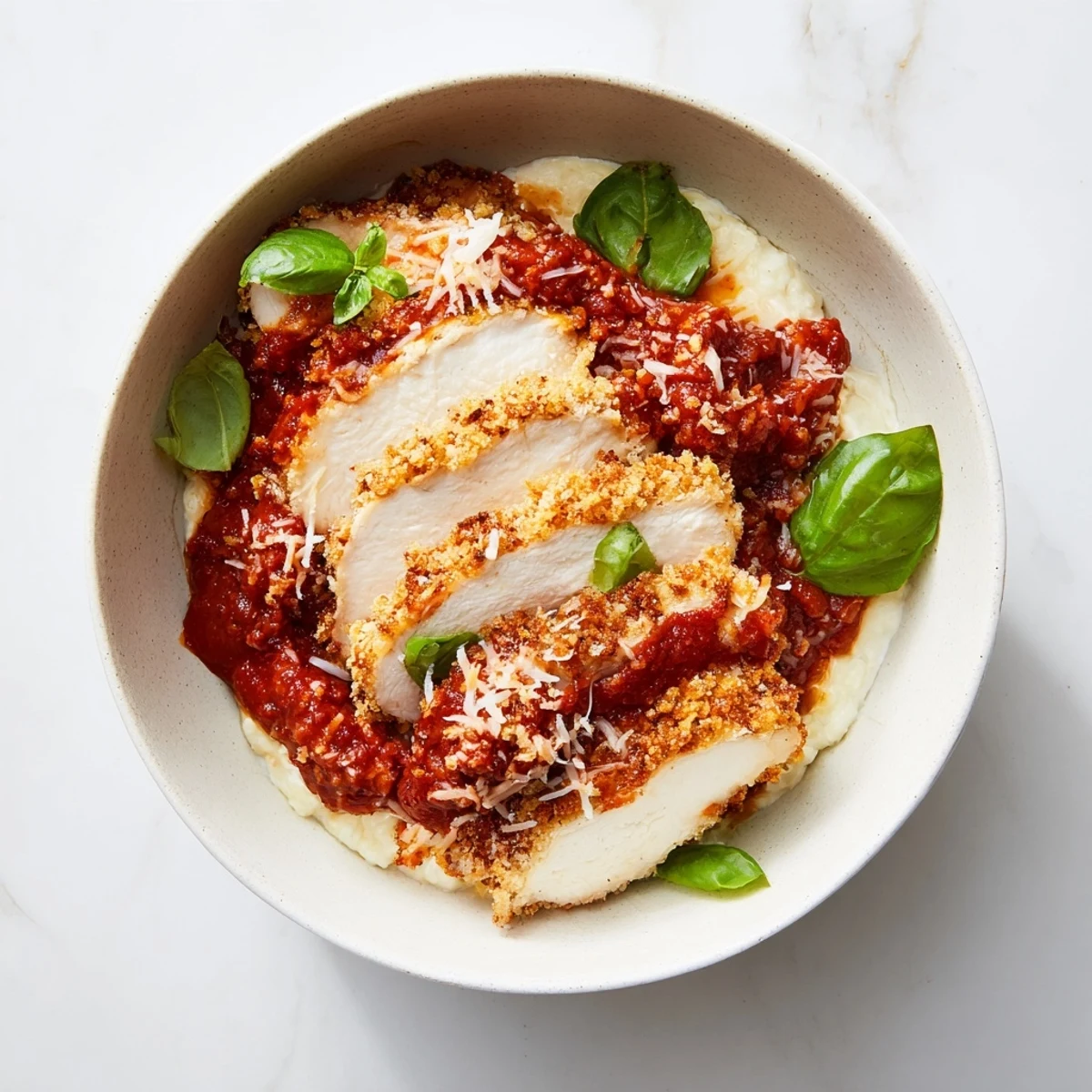 Crispy breaded chicken breast slices nestled in cottage cheese base topped with warm marinara sauce and bubbling shredded cheese