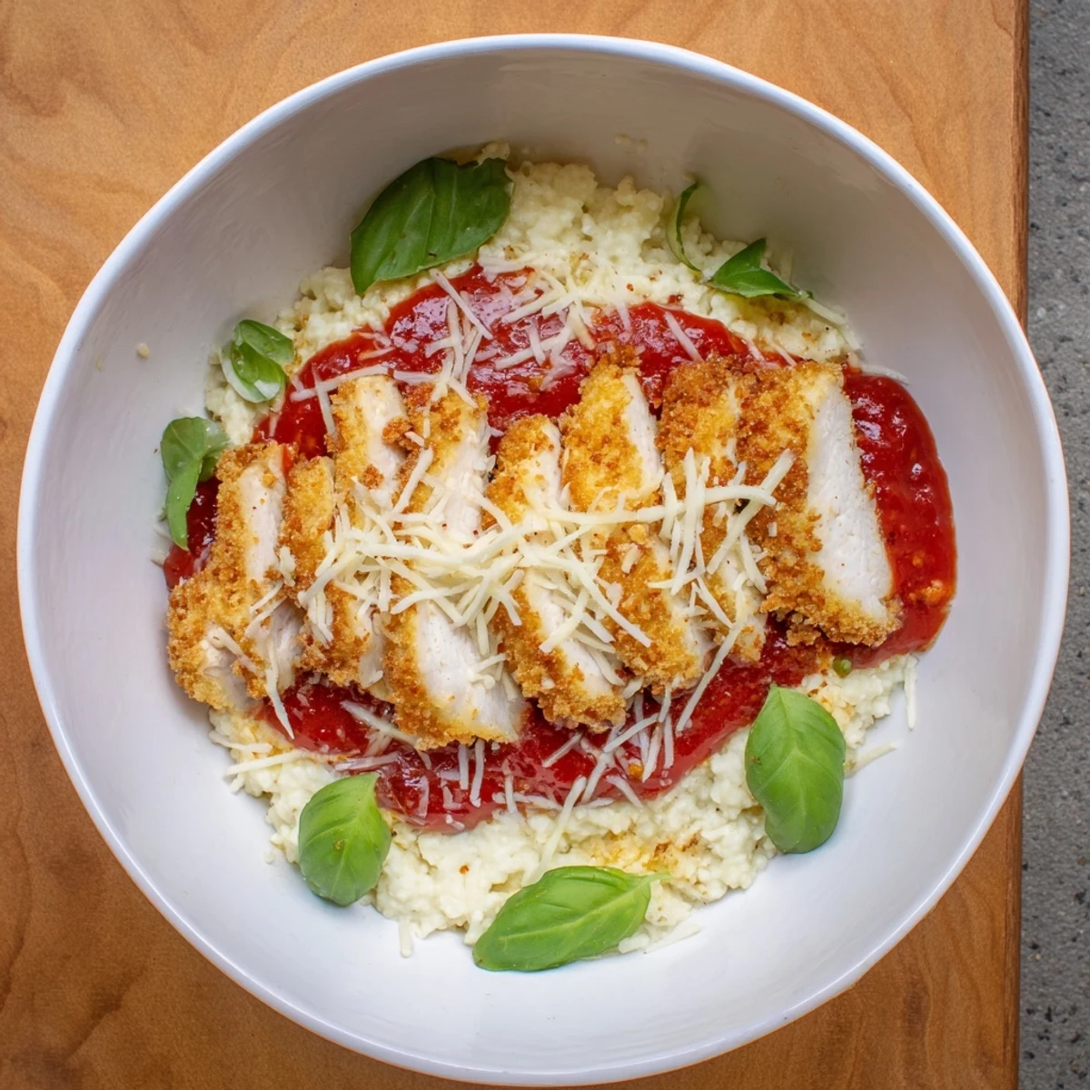 High-protein cottage cheese chicken parmesan bowl featuring juicy baked chicken with savory tomato sauce and gooey melted mozzarella topping