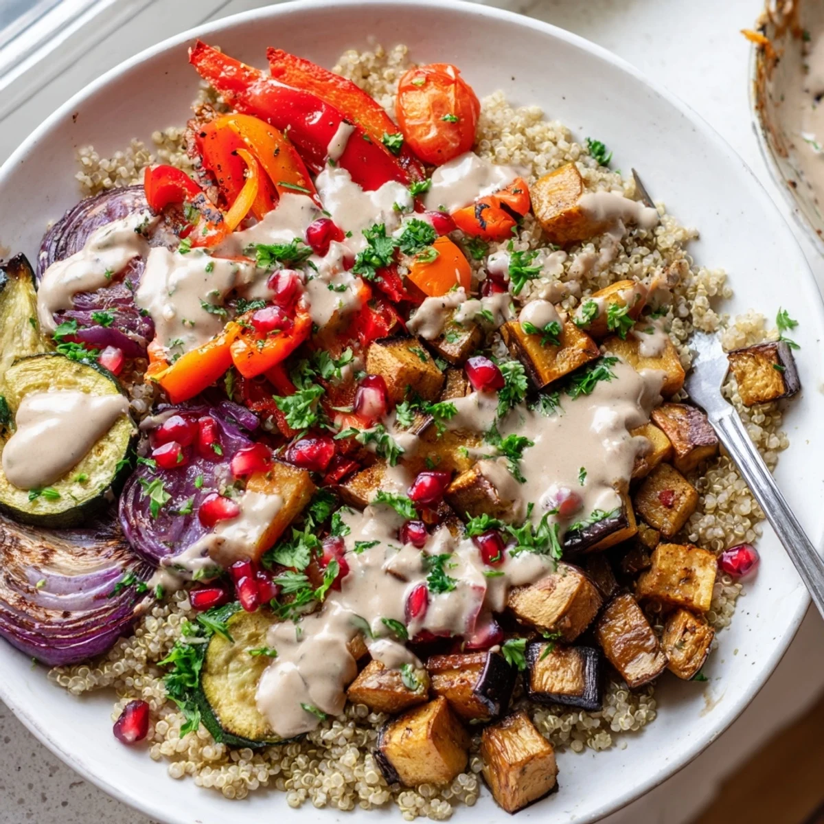 Hearty eggplant grain bowl with roasted vegetables drizzled in creamy tahini dressing