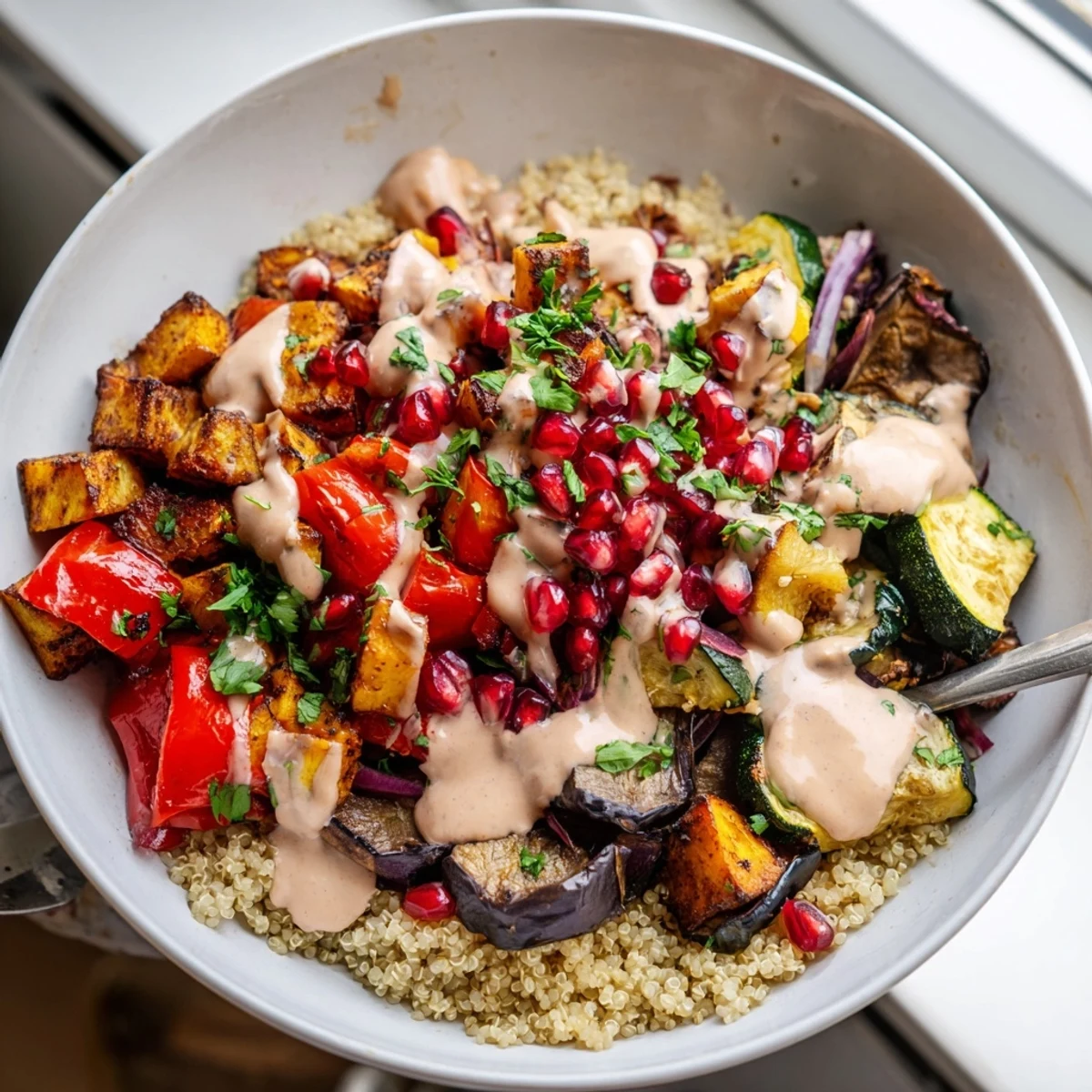 Colorful eggplant grain bowl featuring tender quinoa, smoky roasted veggies, and fresh herbs
