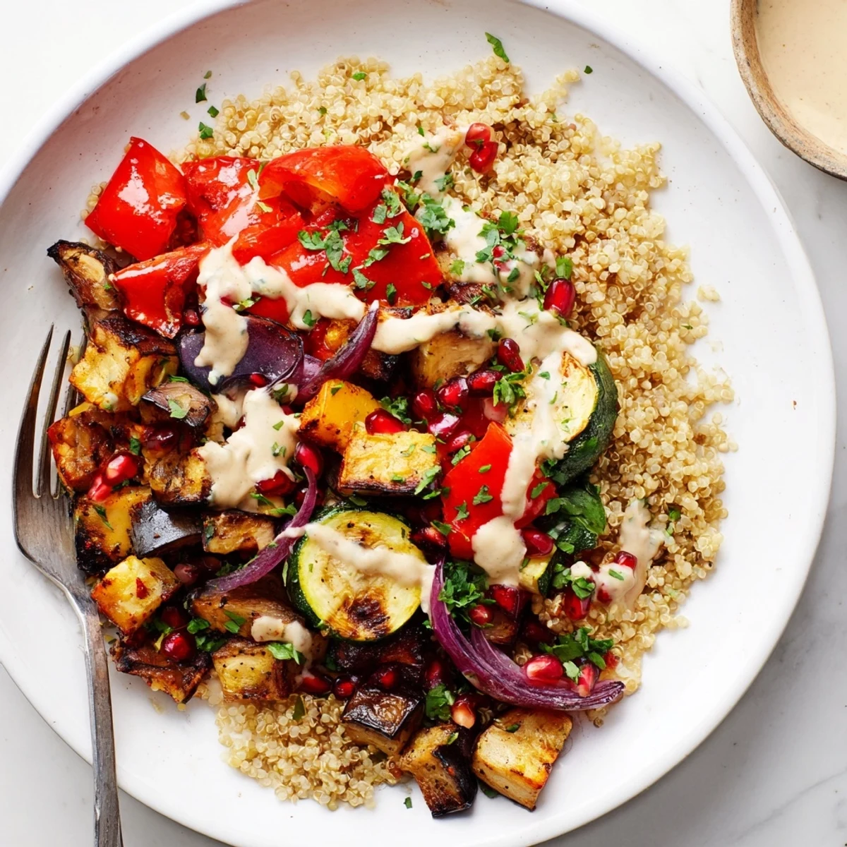 Warm eggplant grain bowl topped with jewel-toned pomegranate seeds and zesty lemon tahini